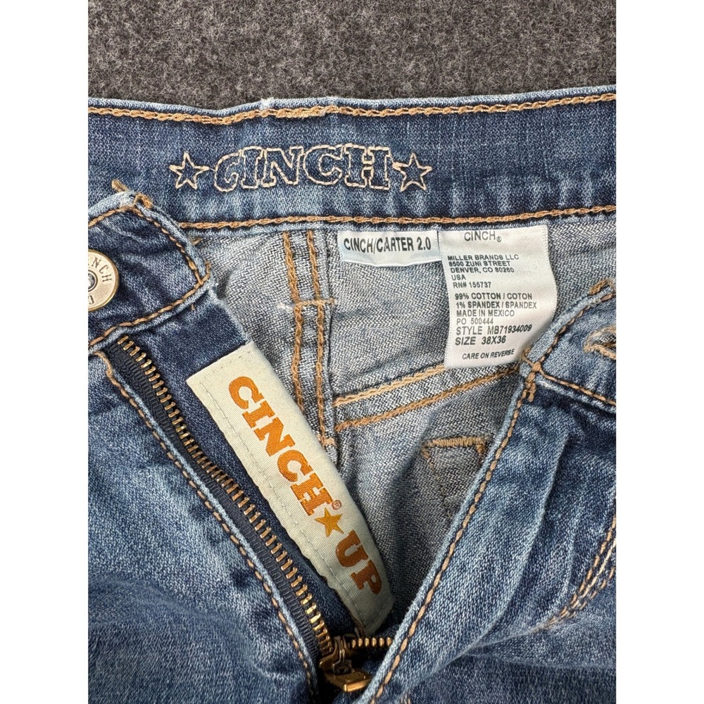 Cinch Carter 2.0 Mens Distressed Relaxed Bootcut Jeans Blue 38x36 (FITS 35x34) - Picture 3 of 12